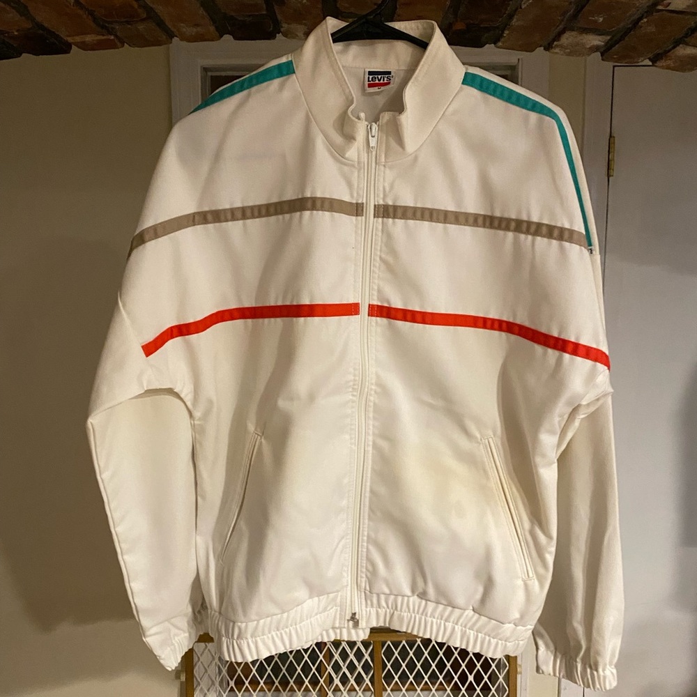 Vintage Levi’s Cotton Blend Full Zip Jacket Ivory Front Pockets Striped